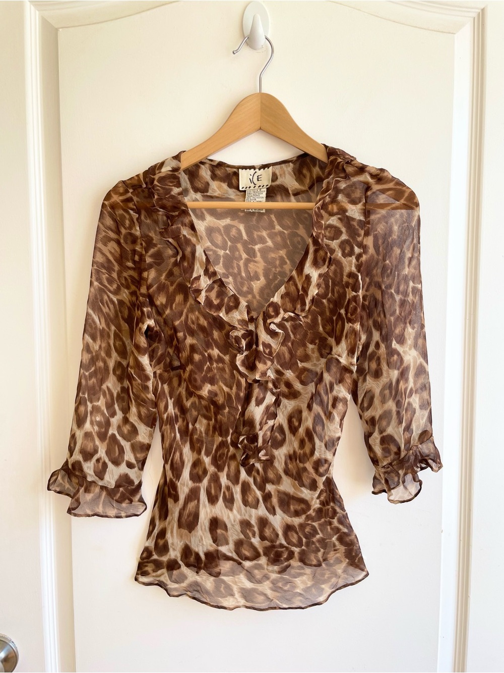 Vintage Y2K 100% Silk Leopard Print Sheer Ruffle Top Size S Fran Fine The Nanny